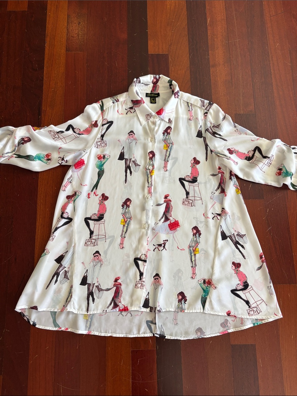 White Button-Up Blouse with Fashion Illustration Print